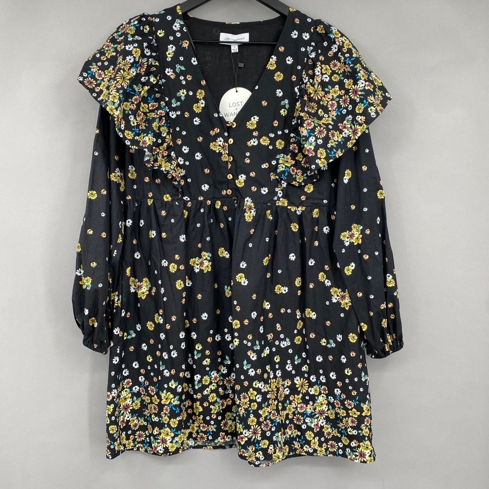Lost + Wander Floral Mini Dress Womens Small Black Ruffle Babydoll Cottagecore